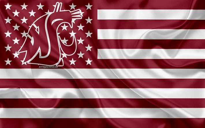 Washington State Cougars, &#233;quipe de football Am&#233;ricain, cr&#233;atif, drapeau Am&#233;ricain, drapeau rouge et blanc, NCAA, Pullman, Washington, &#233;tats-unis, Washington State Cougars logo, l&#39;embl&#232;me, le drapeau de soie, de football 