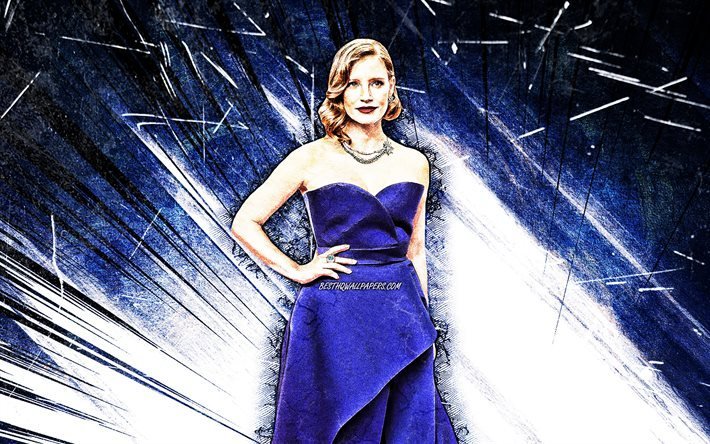 4k, Jessica Chastain, grunge art, Hollywood, american celebrity, movie stars, Jessica Michelle Chastain, blue abstract rays, american actress, superstars, Jessica Chastain 4K