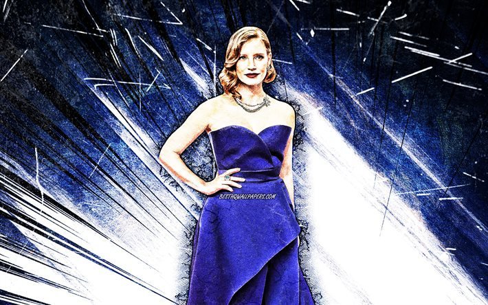 4k, jessica chastain, grunge, kunst, hollywood, american star, stars, jessica michelle chastain, blau abstrakt-strahlen, us-amerikanische schauspielerin, superstars