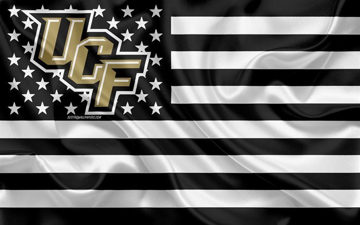 UCF Cavaleiros, Time de futebol americano, criativo bandeira Americana, preto e branco da bandeira, NCAA, Orlando, Fl&#243;rida, EUA, UCF logotipo de Cavaleiros, emblema, seda bandeira, Futebol americano
