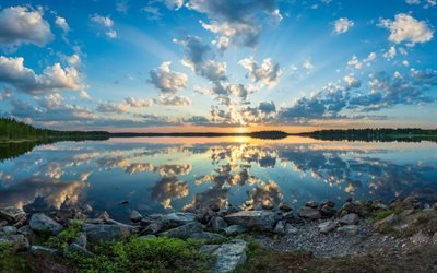 Finland, 4k, sunset, stones, lake, coast, beautiful nature, Europe