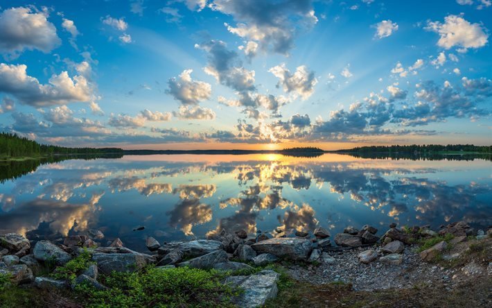 フィンランド, 4k, 夕日, 石, 湖, 海岸, 美しい自然, 欧州