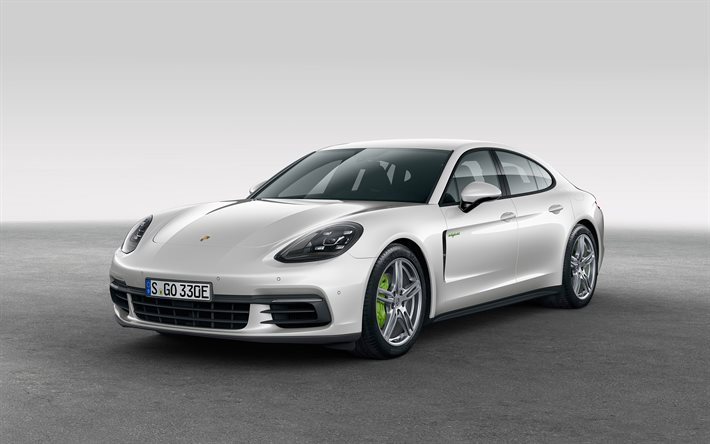 Porsche Panamera, 4 E-Hybrid, 2018, white Panamera, electric car, white Porsche