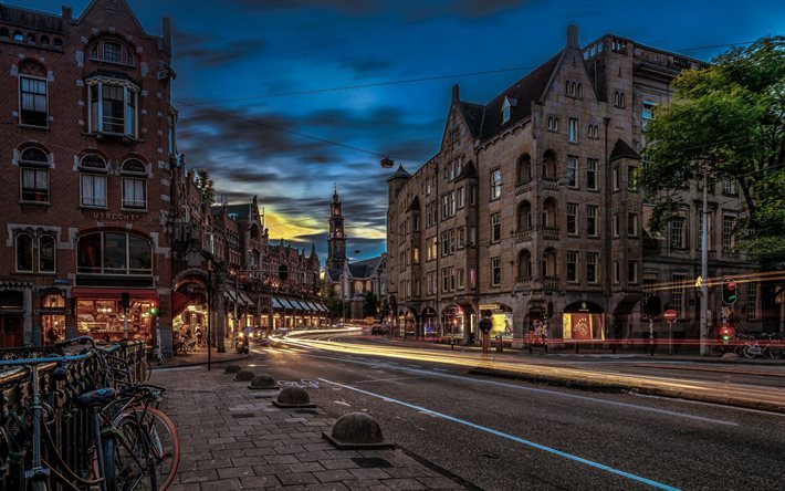 アムステルダム, オランダ, 夜, 通り, 自転車