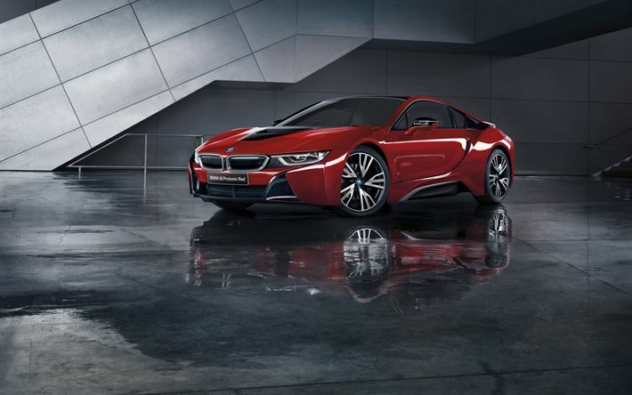BMW i8, 2016, rosso i8, elettrico, auto, BMW rossa