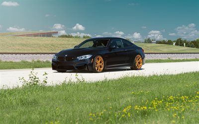 BMW M4, Azurite Black, 2016, black BMW, gold wheels, tuning BMW