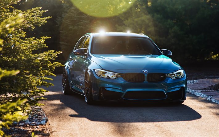 BMW 3, 2016, bleu BMW, tuning M3, voiture de sport, BMW F80