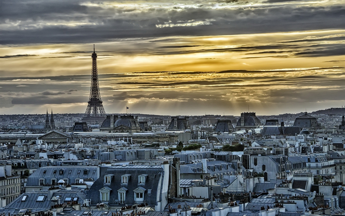 Paris, p&#244;r do sol, Torre Eiffel, Ile-de-France, HDR, Fran&#231;a