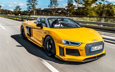 Audi R8 Spyder, ABT, 2017, yellow R8, sports car, side view, sports coupe, German cars, Audi