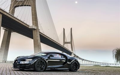 Bugatti Chiron, 2017, hypercar, black Chiron, suspension bridge, sports cars, Bugatti