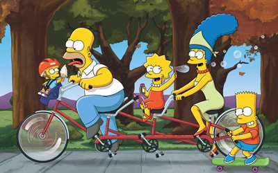The Simpsons, 4k, Homer, Marge, Bart, Lisa, bicycle, Homer Simpson