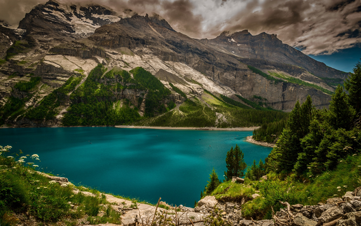 lac de montagne, des rochers, des paysages de montagnes, le lac d&#39;&#233;meraude, de la Suisse, Berne, Canton