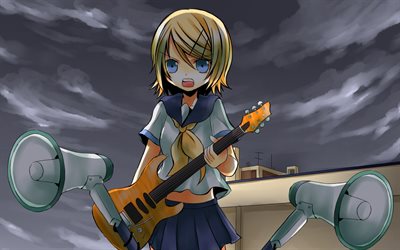 kagamine rin, vocaloid, anime chica, chica con una guitarra, cantante