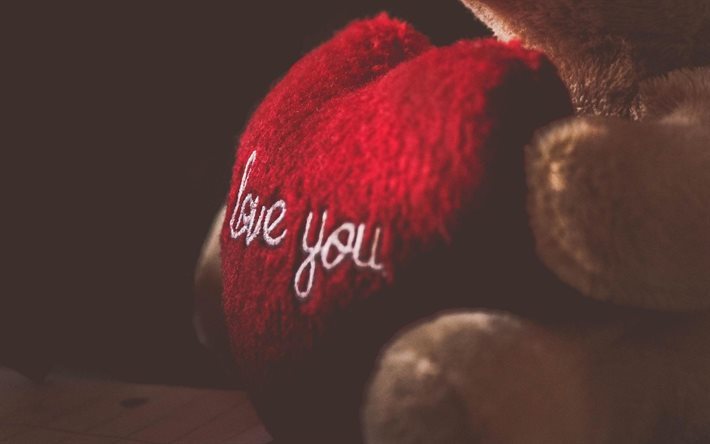Love You, red heart, teddy bear