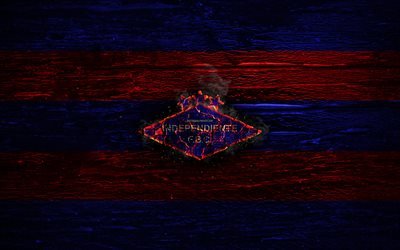 Independiente FC, fire logo, Paraguayan Primera Division, blue and red lines, Paraguayan football club, grunge, football, soccer, Independiente logo, wooden texture, Paraguay