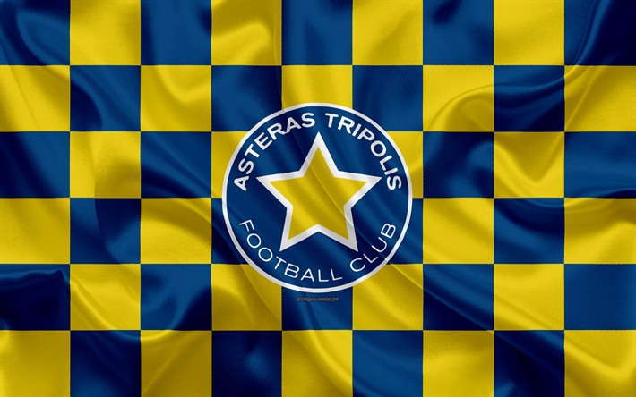 Asteras Tripolis FC, 4k, logo, creative art, yellow blue checkered flag, Greek football club, Super League Greece, emblem, silk texture, Tripolis, Greece, football