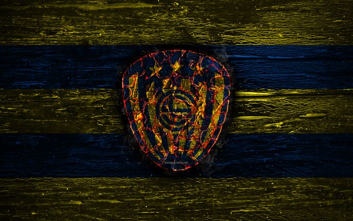 Sportivo Luqueno FC, fire logo, Paraguayan Primera Division, blue and yellow lines, Paraguayan football club, grunge, football, soccer, Sportivo Luqueno logo, wooden texture, Paraguay, Club Sportivo Luqueno