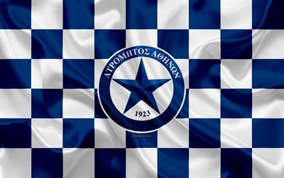 Atromitos FC, 4k, logotipo, creativo, arte, azul, blanco de la bandera a cuadros, griego club de f&#250;tbol de la S&#250;per Liga de Grecia, con el emblema de la seda textura, Peristeri, Grecia, f&#250;tbol