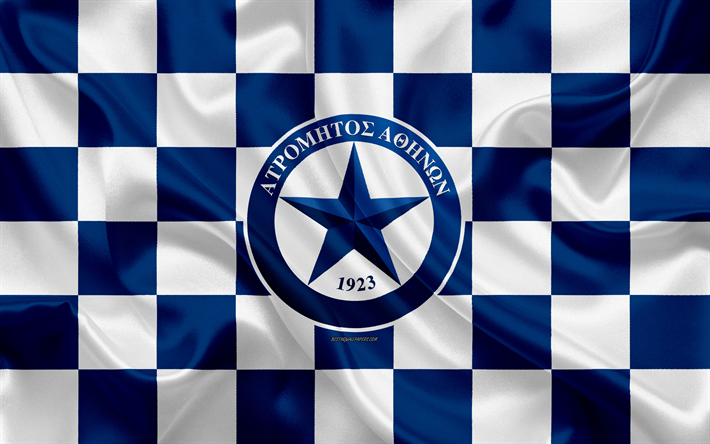 Atromitos FC, 4k, logo, creative art, blue white checkered flag, Greek football club, Super League Greece, emblem, silk texture, Peristeri, Greece, football