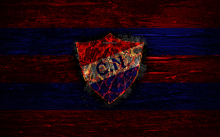 Nacional Asuncion FC, fire logo, Paraguayan Primera Division, red and blue lines, Paraguayan football club, grunge, football, soccer, Nacional Asuncion logo, wooden texture, Paraguay, Club Nacional