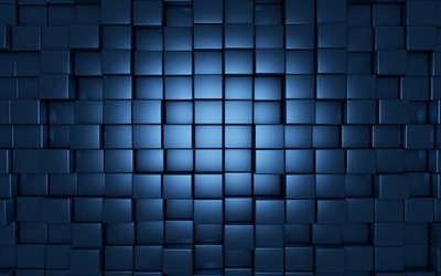 3d青色のキューブ, 幾何学的背景, 3d青色の背景, キューブ