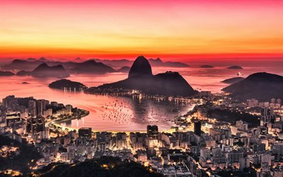 4k, Rio de Janeiro, sunset, panorama, hamnen, resa i sommar, Brasilien, Sydamerika