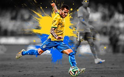 Dani Alves, 4k, Brazilian football player, Brazil national football team, defender, yellow-blue paint splashes, creative art, Serie A, Brazil, football, grunge art, Daniel Alves