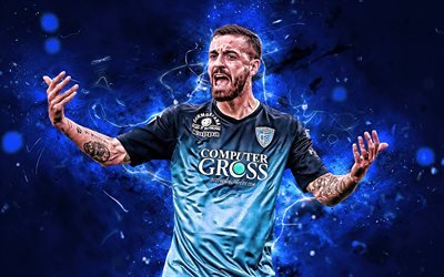 Francesco Caputo, blue uniform, Italian footballers, Empoli FC, goal, soccer, Serie A, Caputo, abstract art, neon lights, Italy, creative