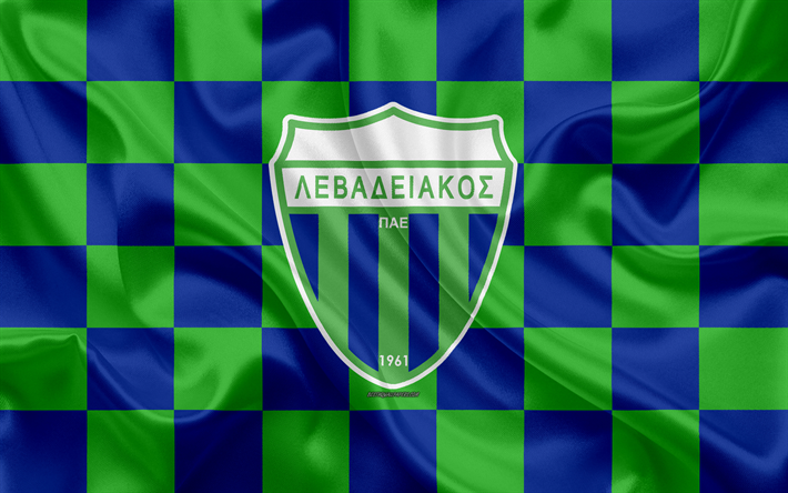 Levadiakos FC, 4k, logo, creative art, blue-green checkered flag, Greek football club, Super League Greece, emblem, silk texture, Levadia, Greece, football