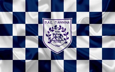 PAS Giannina FC, 4k, logo, creative art, blue and white checkered flag, Greek football club, Super League Greece, emblem, silk texture, Ioannina, Greece football