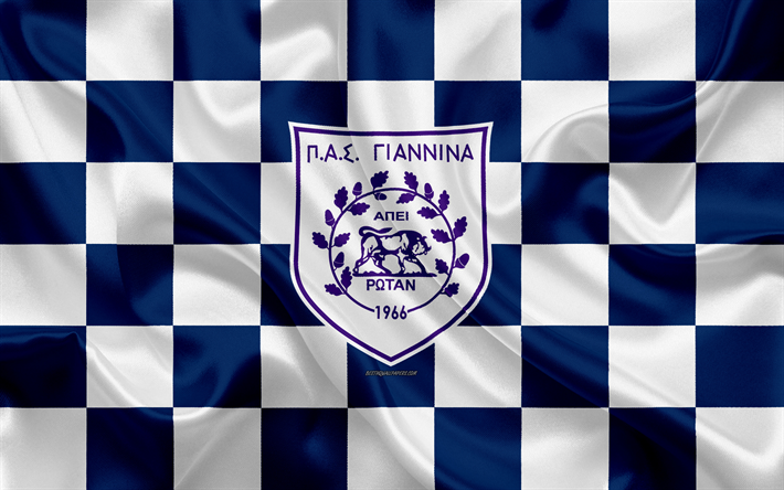 PAS Giannina FC, 4k, logo, art cr&#233;atif, bleu et blanc drapeau &#224; damier, le grec club de football de Super League de la Gr&#232;ce, de l&#39;embl&#232;me, soie, texture, Ioannina, en Gr&#232;ce de football
