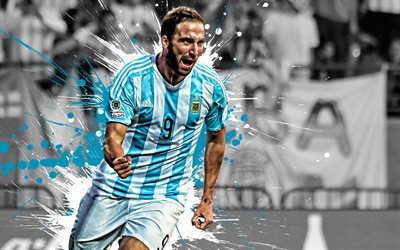 Gonzalo Higuain, 4k, Argentinian football player, Argentina national football team, striker, blue-white paint splashes, creative art, Argentina, football, grunge art, Higuain
