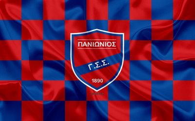 Panionios FC, 4k, logotipo, creativo, arte, azul, rojo de la bandera a cuadros, griego club de f&#250;tbol de la S&#250;per Liga de Grecia, con el emblema de la seda textura, Nea Smyrni, Atenas, Grecia f&#250;tbol
