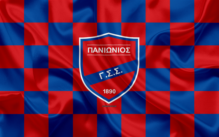 Panionios FC, 4k, شعار, الفنون الإبداعية, الأزرق الأحمر متقلب العلم, اليوناني لكرة القدم, الدوري الممتاز اليونان, نسيج الحرير, نيا تراس على السطح ،, أثينا, اليونان لكرة القدم