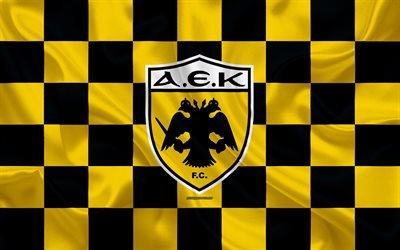AEK Athens FC, 4k, logo, creative art, yellow black checkered flag, Greek football club, Super League Greece, emblem, silk texture, Athens, Greece football