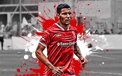 4k, Andres Chavez, red and white blots, Argentinean Superliga, Huracan FC, forward, soccer, AAAJ, Andres Eliseo Chavez, Brian Oscar Sarmiento, Argentinean footballers, CA Huracan, grunge