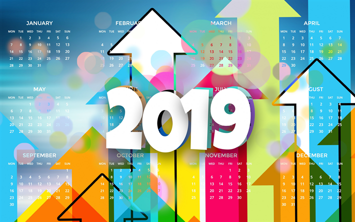 Calendario de 2019, creativo abstracci&#243;n, Nuevo A&#241;o 2019, en ingl&#233;s 2019 calendario, todos los meses