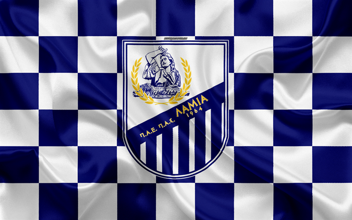 PAS Lamia 1964, 4k, logo, art cr&#233;atif, bleu et blanc drapeau &#224; damier, le grec club de football de Super League de la Gr&#232;ce, de l&#39;embl&#232;me, soie, texture, Lamia, Gr&#232;ce de football, Lamia FC