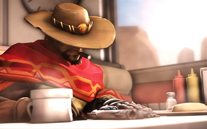 4k, Mccree, cafe, Overwatch characters, cowbay, guns, Overwatch