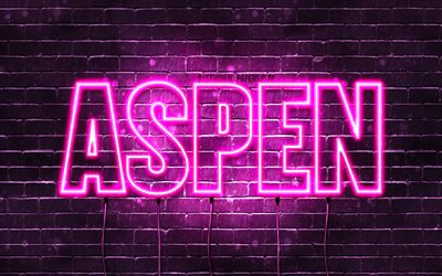 Aspen, 4k, wallpapers with names, female names, Aspen name, purple neon lights, horizontal text, picture with Aspen name