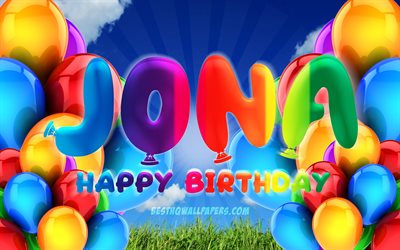 Jona Happy Birthday, 4k, cloudy sky background, popular german male names, Birthday Party, colorful ballons, Jona name, Happy Birthday Jona, Birthday concept, Jona Birthday, Jona