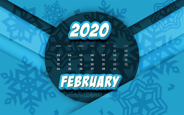 februar 2020 kalender -, 4k -, 3d-comic-kunst, 2020 kalender, winter, kalender, februar 2020, kreativ, schneeflocken-muster, februar 2020 kalender mit schneeflocken -, kalender-februar 2020, blauer hintergrund