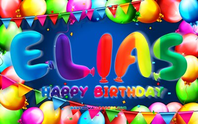 Buon Compleanno Elias, 4k, palloncino colorato telaio, Elias nome, sfondo blu, Elias buon Compleanno, Elias Compleanno, il popolare tedesco maschio di nomi, di Compleanno, concetto, Elias