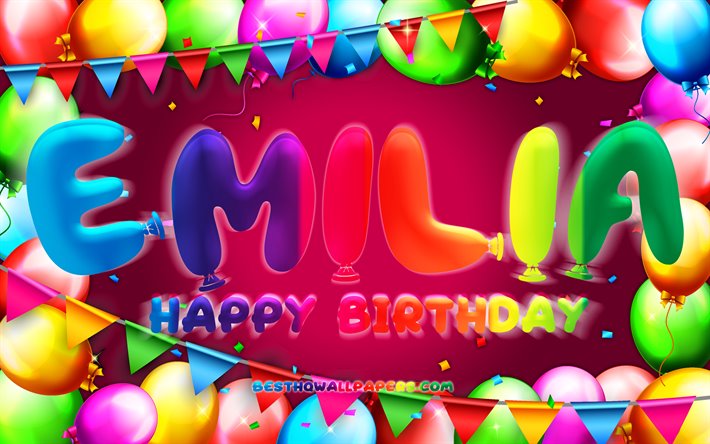 Happy Birthday Emilia, 4k, colorful balloon frame, Emilia name, purple background, Emilia Happy Birthday, Emilia Birthday, popular german female names, Birthday concept, Emilia