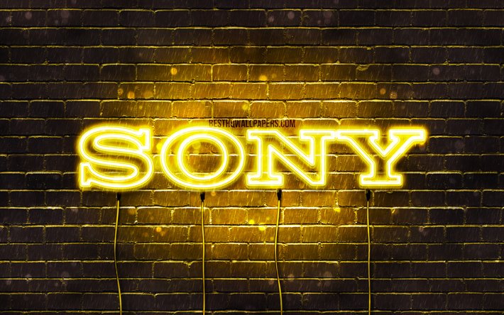 Sony sarı logo, 4k, sarı brickwall, Sony logosu, markalar, Sony, neon logo
