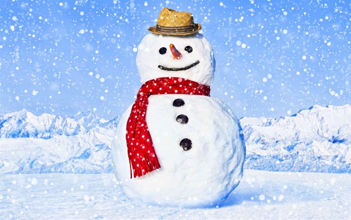 lumiukko, 4k, lumisade, talvi, joulu k&#228;sitteit&#228;, hyv&#228;&#228; uutta vuotta, lumiukkoja, tausta lumiukko