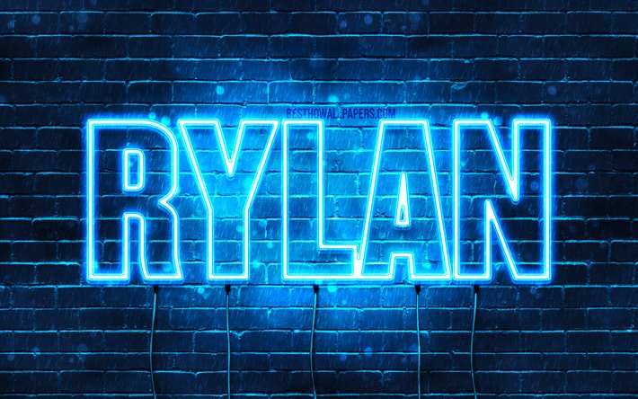 Rylan, 4k, les papiers peints avec les noms, le texte horizontal, Rylan nom, bleu n&#233;on, photo avec Rylan nom