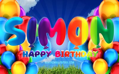 Simon Happy Birthday, 4k, cloudy sky background, popular german male names, Birthday Party, colorful ballons, Simon name, Happy Birthday Simon, Birthday concept, Simon Birthday, Simon