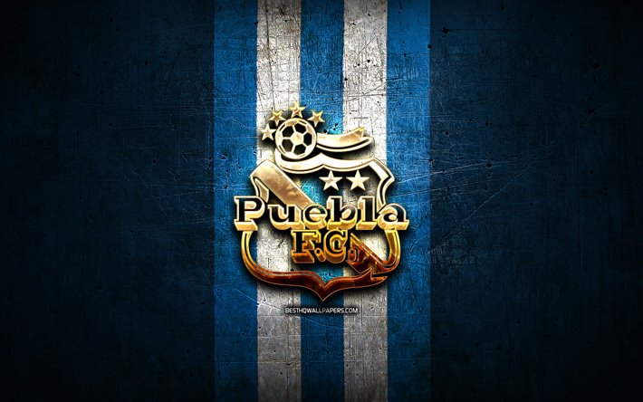 Puebla FC, altın logo, Lig MX, mavi metal arka plan, Futbol, Kul&#252;b&#252; Puebla, Meksika Futbol Kul&#252;b&#252; Puebla logo, futbol, Meksika