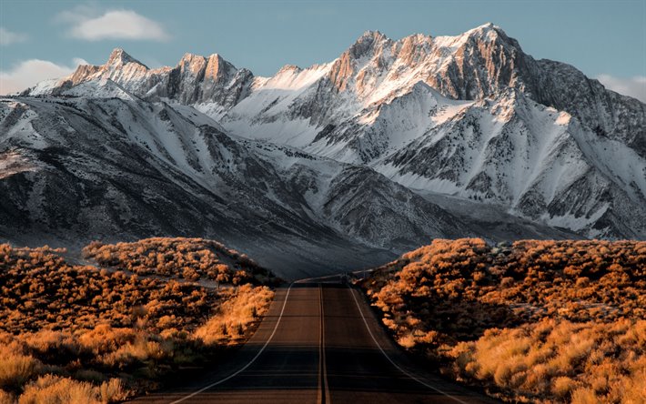 estrada de asfalto, paisagem de montanha, EUA, inverno, neve, p&#244;r do sol, montanhas